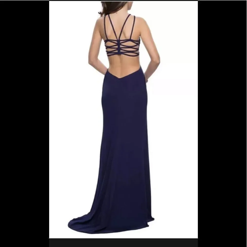 LA FEMME Open Back Jersey Gown Navy size 6